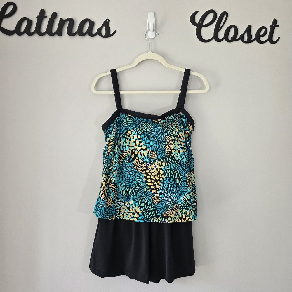 Maxine of Hollywood Teal and Black Floral One Piece Swimsuit - Picture 2 of 13